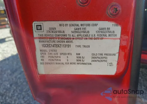 1999 Chevrolet Silverado C1500 from USA, damaged, VIN 1GCEC14T8XZ113191